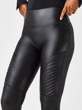 SPANX Faux Leather Moto Leggings Black Size L High Rise Shaping